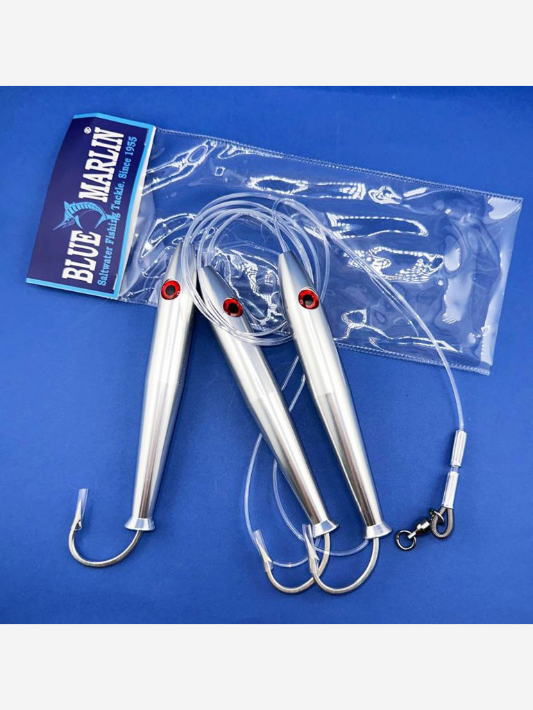 Приманка Blue Marlin Super Tuna 3 x 150 мм 285 г, стая кальмаров из трех штук с крючками Mustad Big Game на супер леске 1.80 мм
