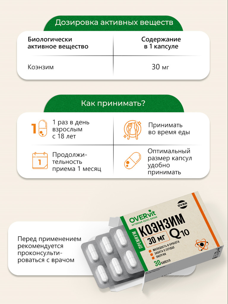 Коэнзим Q10 30 мг, OVER,30 капсул