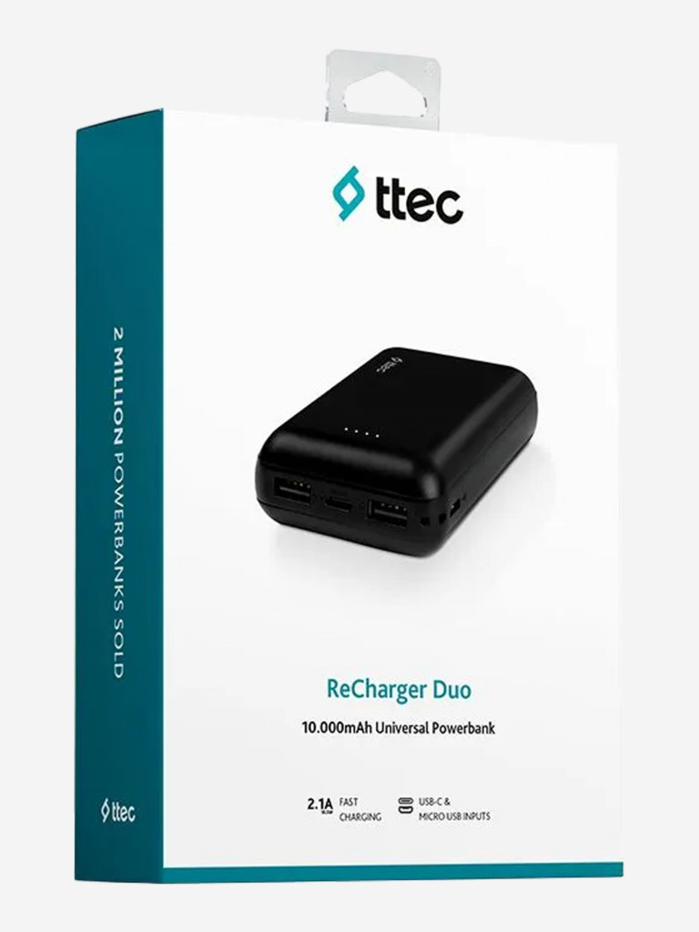 Внешний аккумулятор TTEC ReCharger Duo 10000 mAh Powerbank With USB-C Input/Output. Цвет: черный