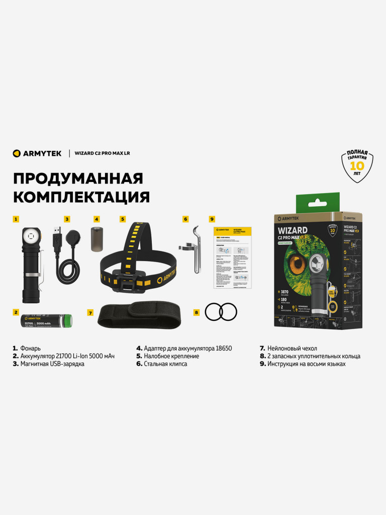 Фонарь налобный Armytek Wizard C2 Pro Max, теплый свет