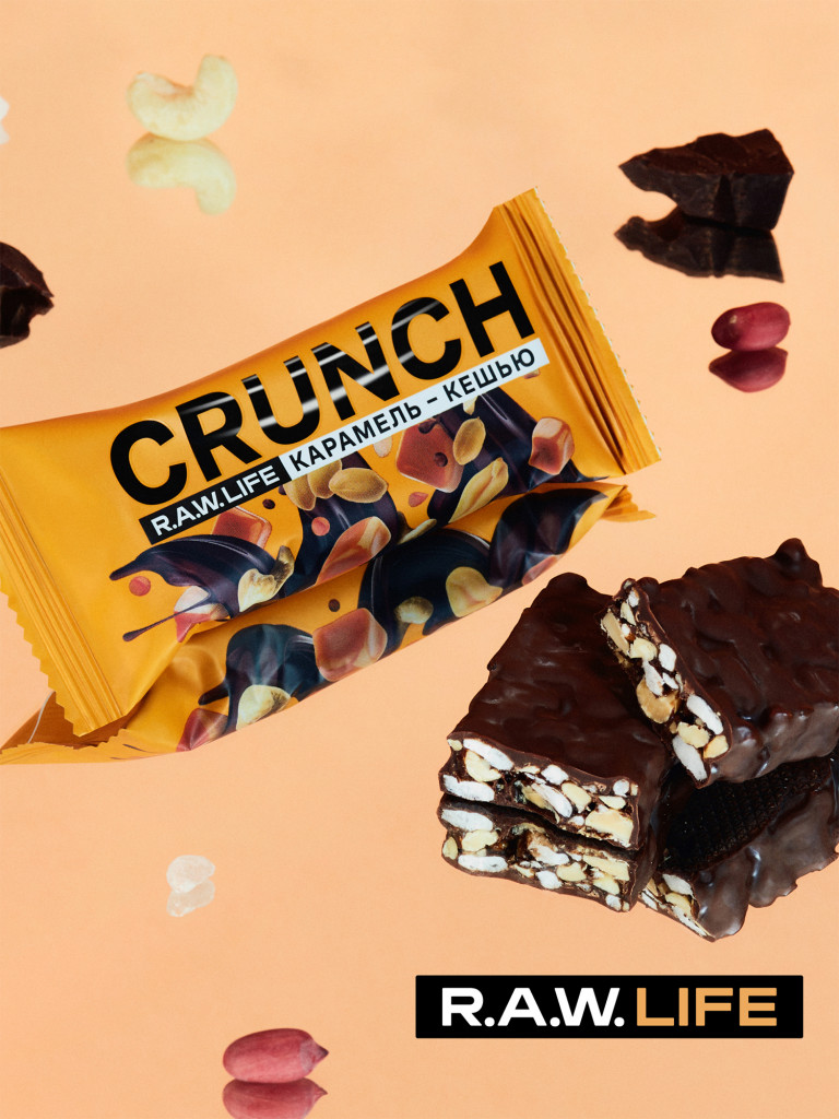 Энергетические батончики без сахара Роулайф R.A.W.LIFE CRUNCH с бельгийским шоколадом / Злаковые, натуральные, много орехов / Карамель-Кешью 12 шт по 40 гр