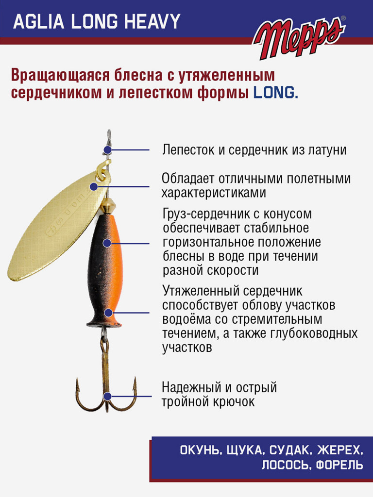 Блесна Mepps AGLIA LONG HEAVY 1+OR NR/OGE