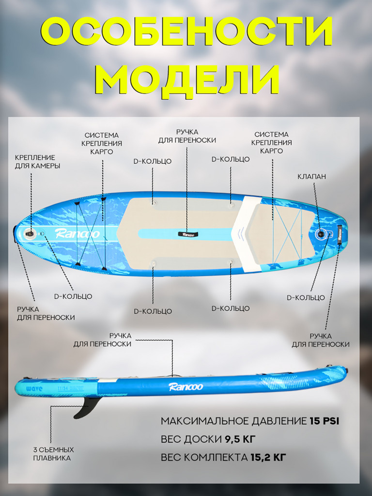 Надувной двухслойный сапборд Rancoo Whale 335-89-15 см, цвет синий