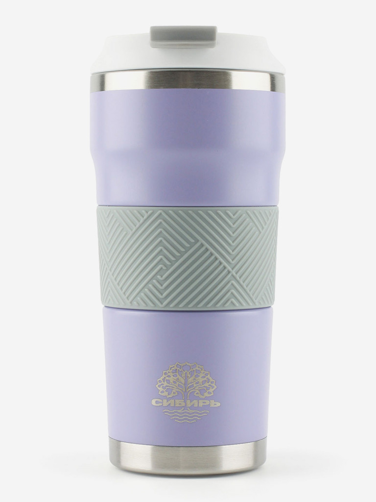 Термокружка женская 0,5л стальная СИБИРЬ "Лавандовые поля" с силиконовой вставкой серый