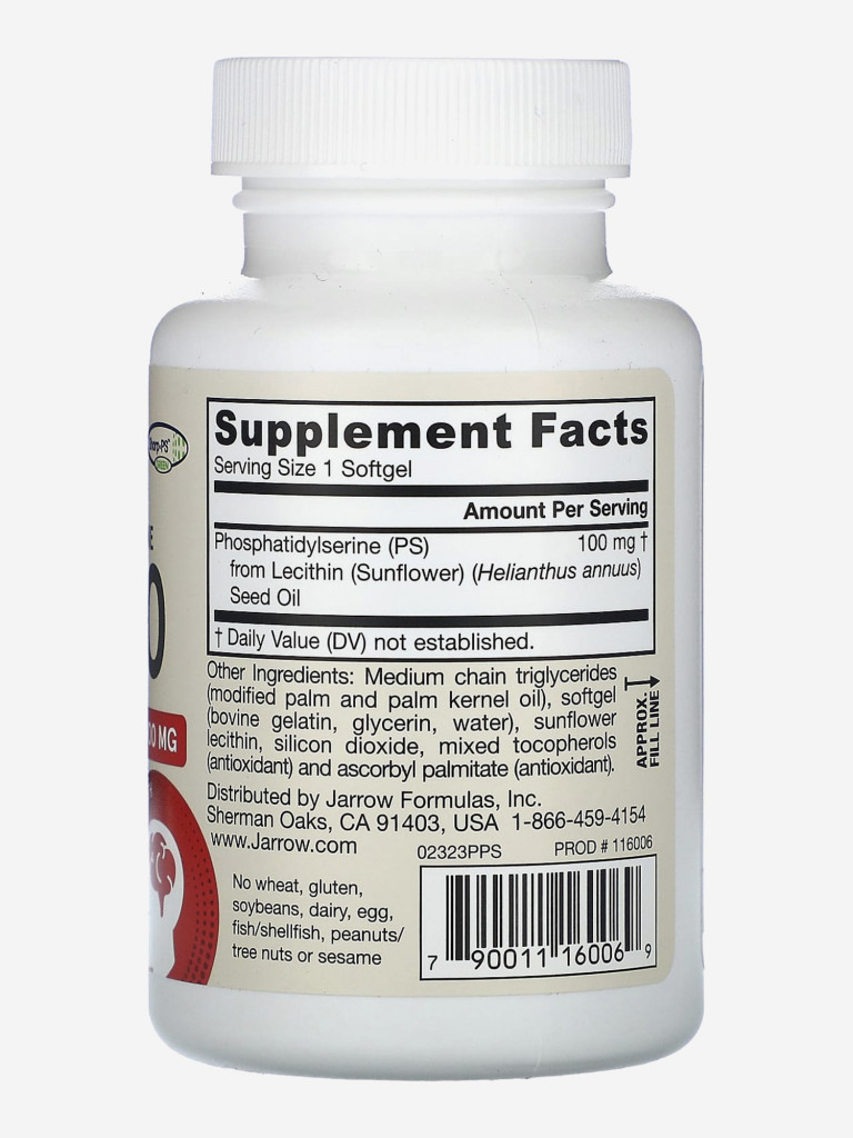 Бад, витамины, для мозга, фосфатидилсерин, для памяти, для женщин и мужчин, Jarrow Formulas PS100 100 mg, 60 softgels