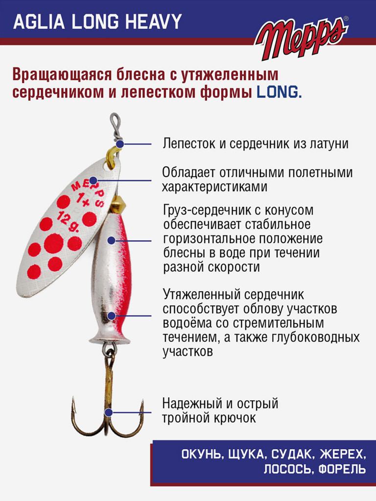 Блесна Mepps AGLIA LONG HEAVY 1+ AG PT ROUGE