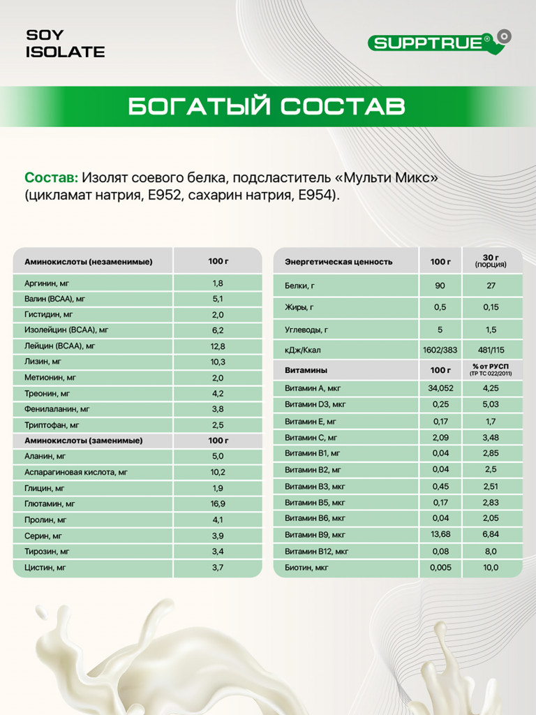 Протеин Supptrue 1 кг соевый белковый