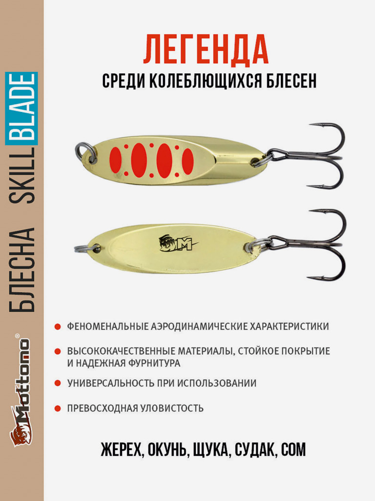 Блесна колеблющаяся для рыбалки Mottomo Skill Blade 35g Gold 17. Колебалка на жереха, щуку, окуня, голавля, форель