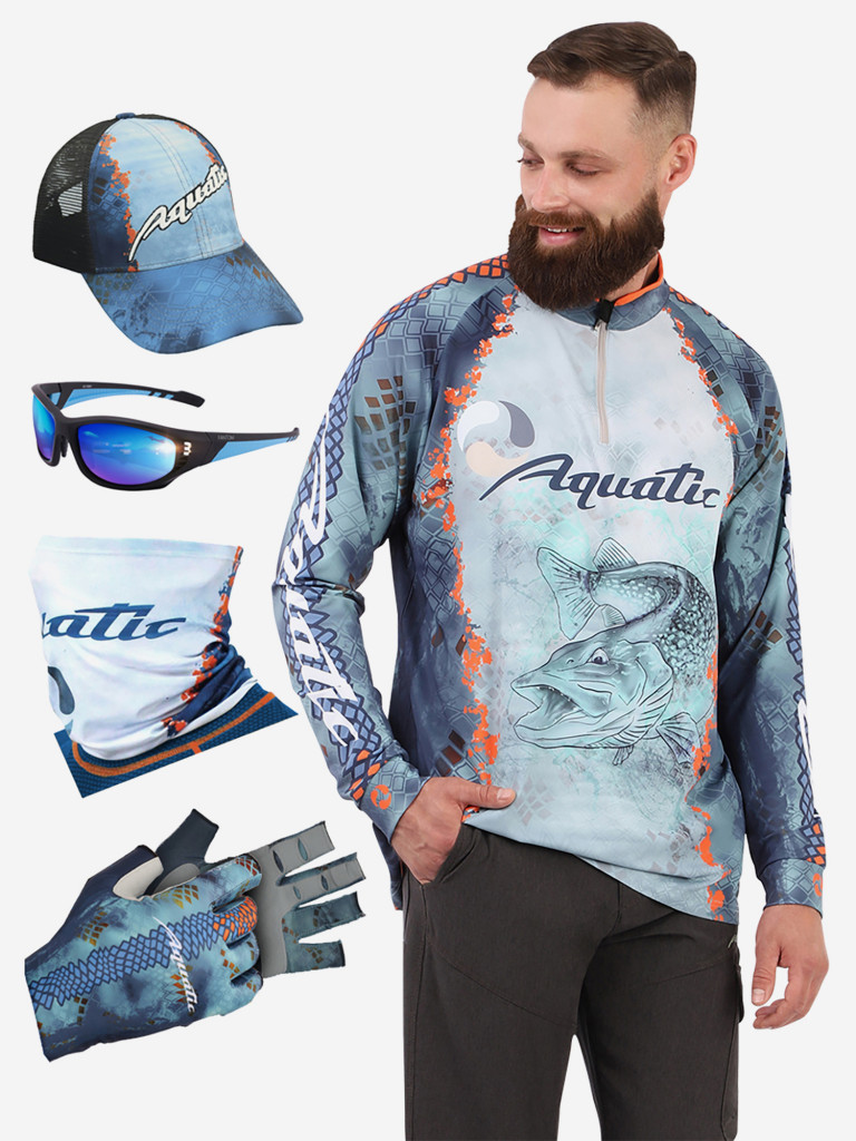 Комплект для рыбалки: джерси, бафф, перчатки, кепка и очки