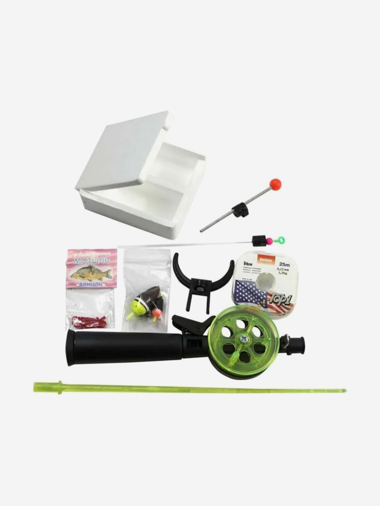 Набор рыболова для зимней рыбалки Три Кита № 3 люкс: зимняя удочка, катушка, леска, мормышка, мотыльница, мотыль искусственный, сторожок