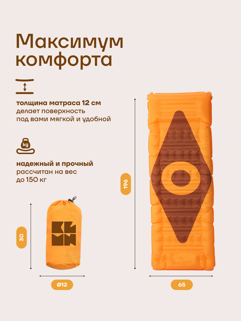 Коврик надувной KLMN односпальный со встроенным насосом, оранжевый