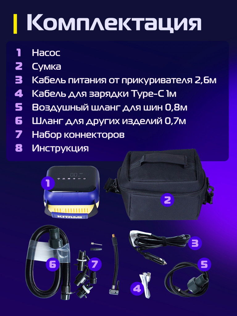 Электрический насос KITAMI KT-708 Plus со встроенным аккумулятором для шин, лодок ПВХ, сапбордов