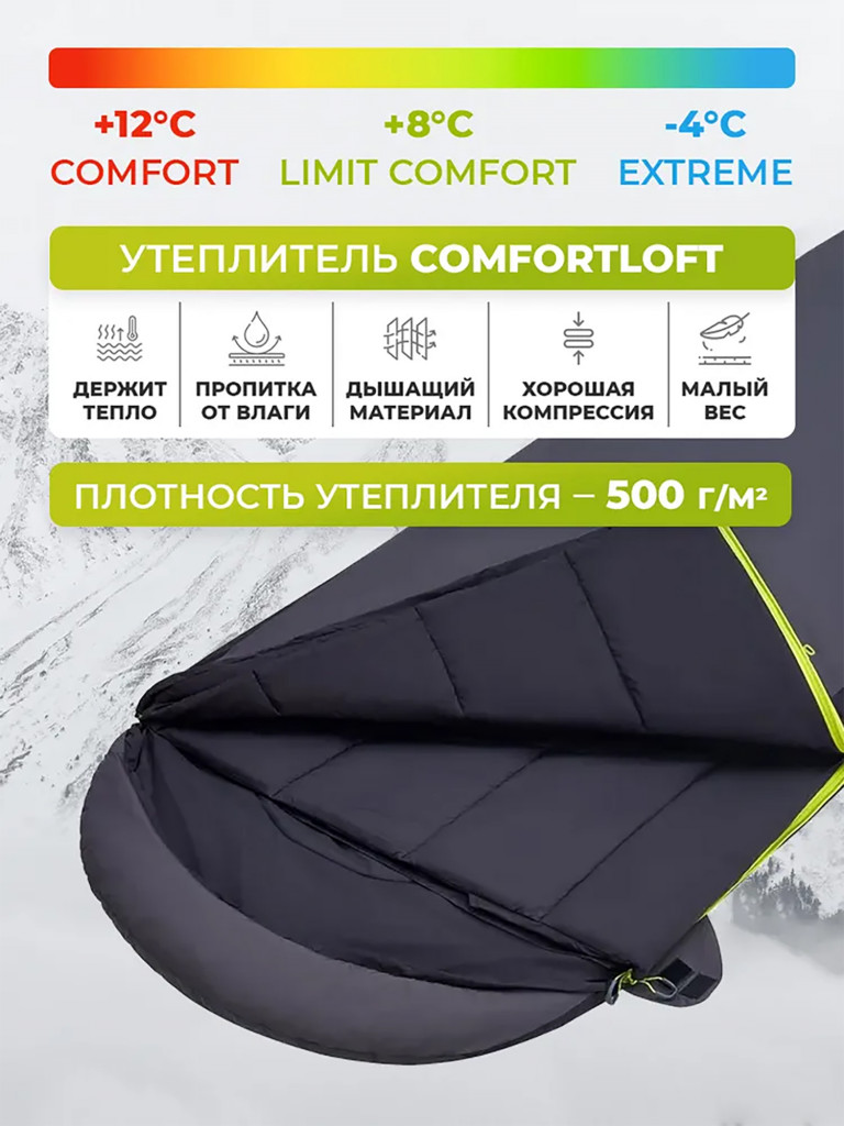 Спальный мешок 2101 ROCKY 520L -4°С 230х90, -4°C, черный/графитовый правый