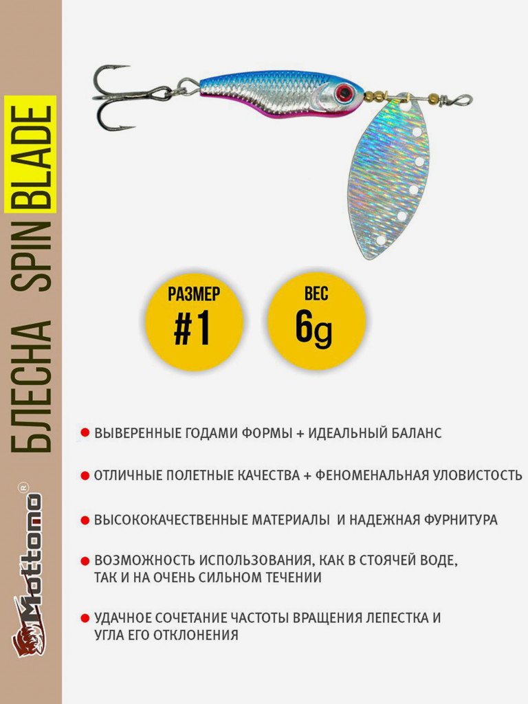 Блесна вращающаяся для рыбалки Mottomo Spin Blade #1 6g Silver Silver для спиннинга. Вертушка на голавля, жереха, щуку