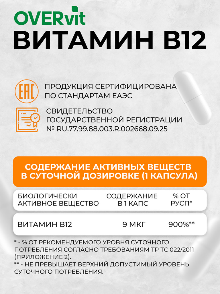 Витамин В12 (Цианокобаламин), OVER, 60 капсул