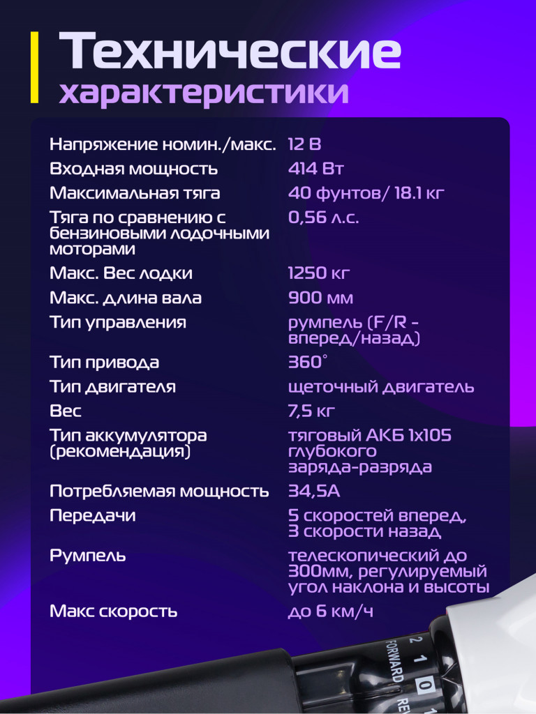 Лодочный электромотор KITAMI 40L, 0,56 л.с, румпельное управление, индикатор заряда, черный