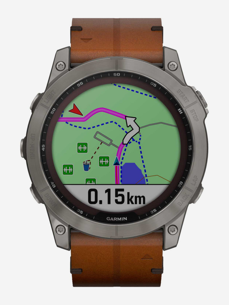 Спортивные титановые наручные часы Garmin Fenix 7X Sapphire Solar с коричневым кожаным ремешком