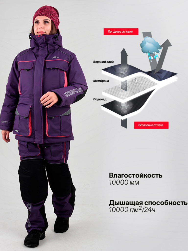 Костюм женский зимний мембранный для рыбалки Камчатка МАГМА GRAYLING -45, фиолетовый