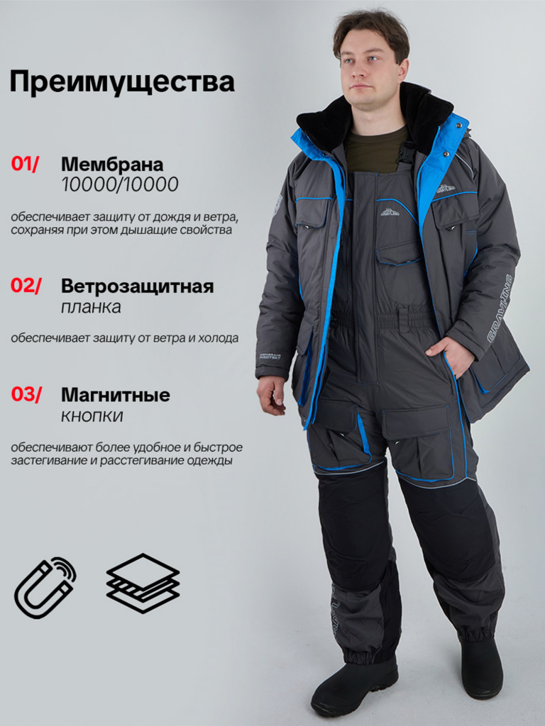 Костюм зимний мужской для рыбалки Камчатка Магма -45, графит/синий
