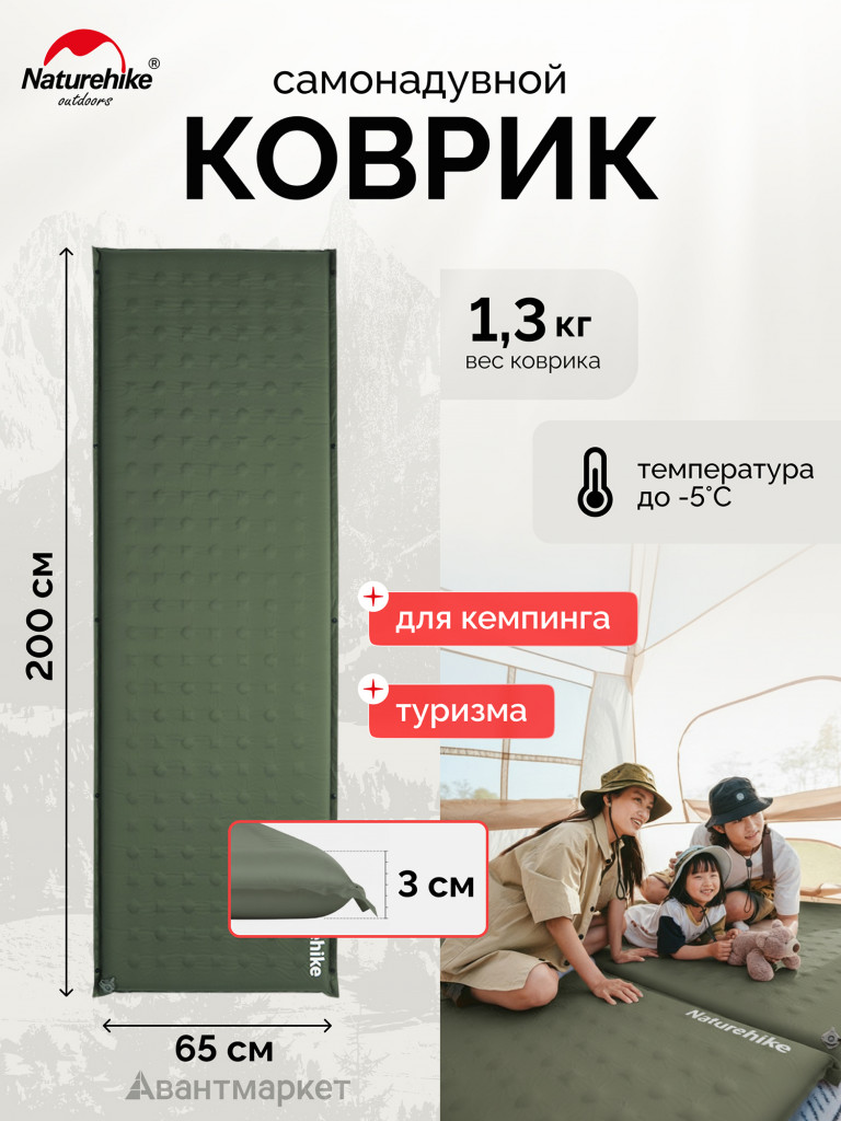 Коврик Naturehike CNK2550WS025 D Series 3см R3.1 самонадувной туристический зеленый