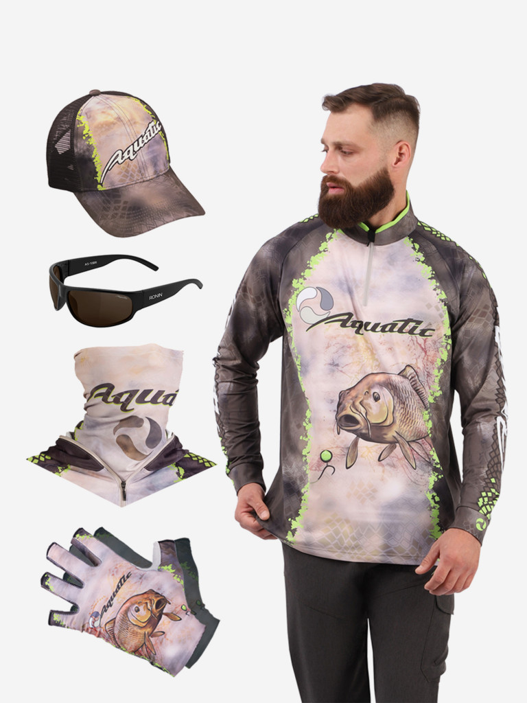 Комплект для рыбалки: джерси, бафф, перчатки, кепка и очки