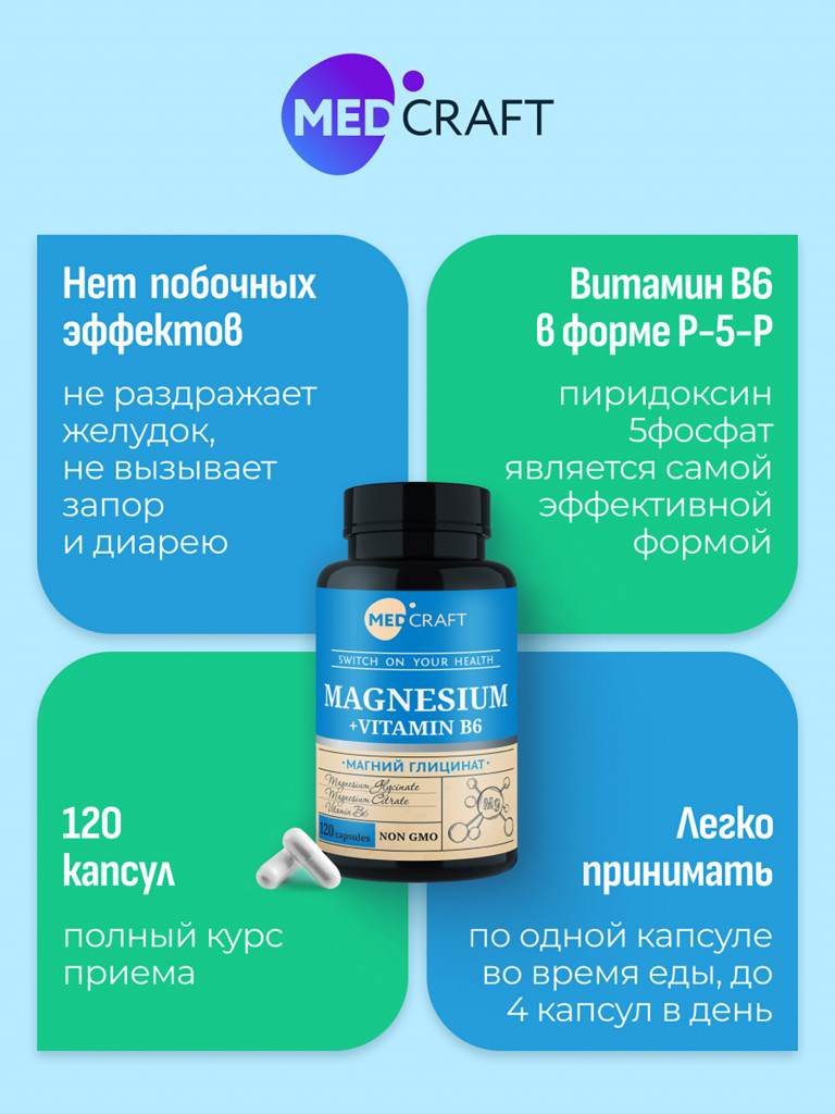 Магний глицинат MedCraft, 400 мг, 120 капс.