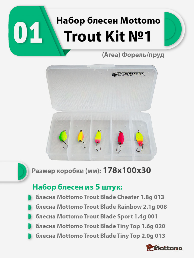Набор блесен рыболовных для спиннинга Mottomo Trout Kit №1 (Area) Форель/пруд