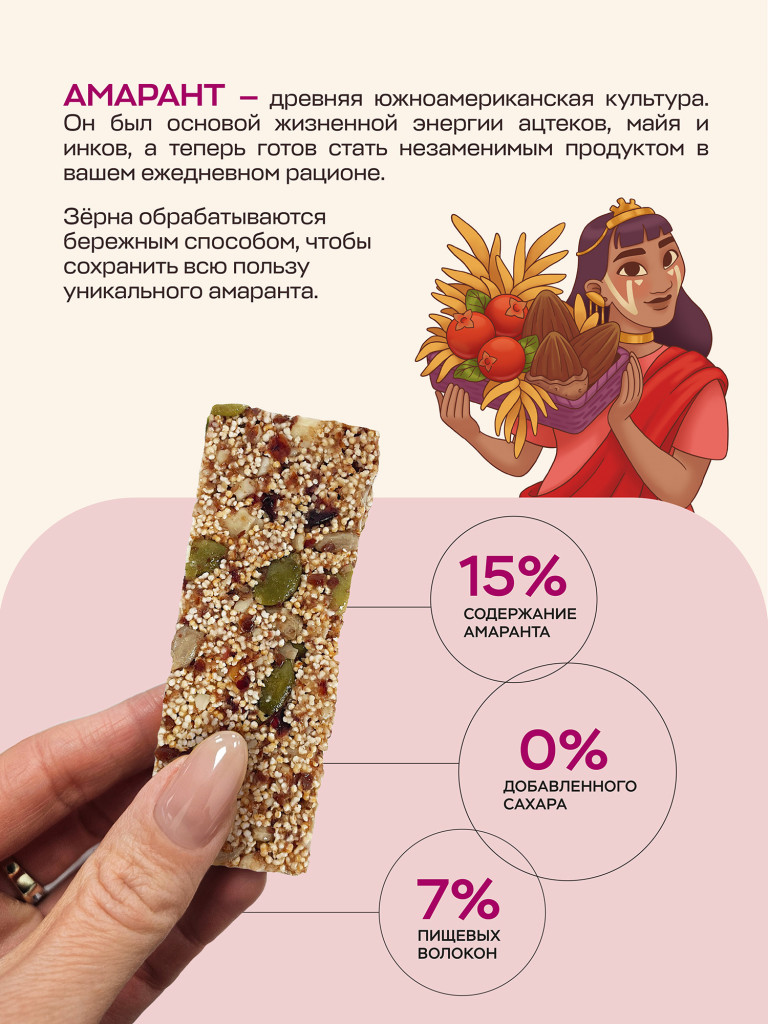 Батончик фруктово-зерновой амарант, миндаль, клюква, 30 г.