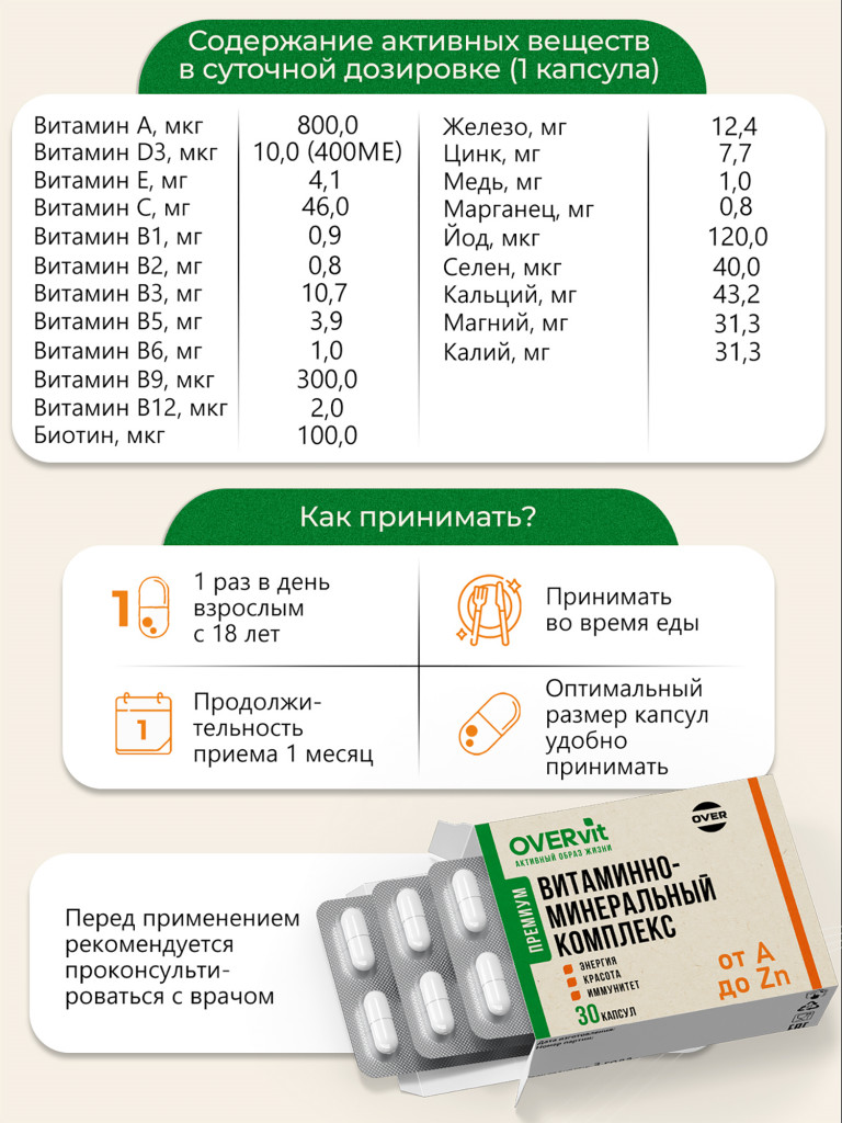 Витаминно-минеральный комплекс БиоАктив 12+9, OVER,30 капсул