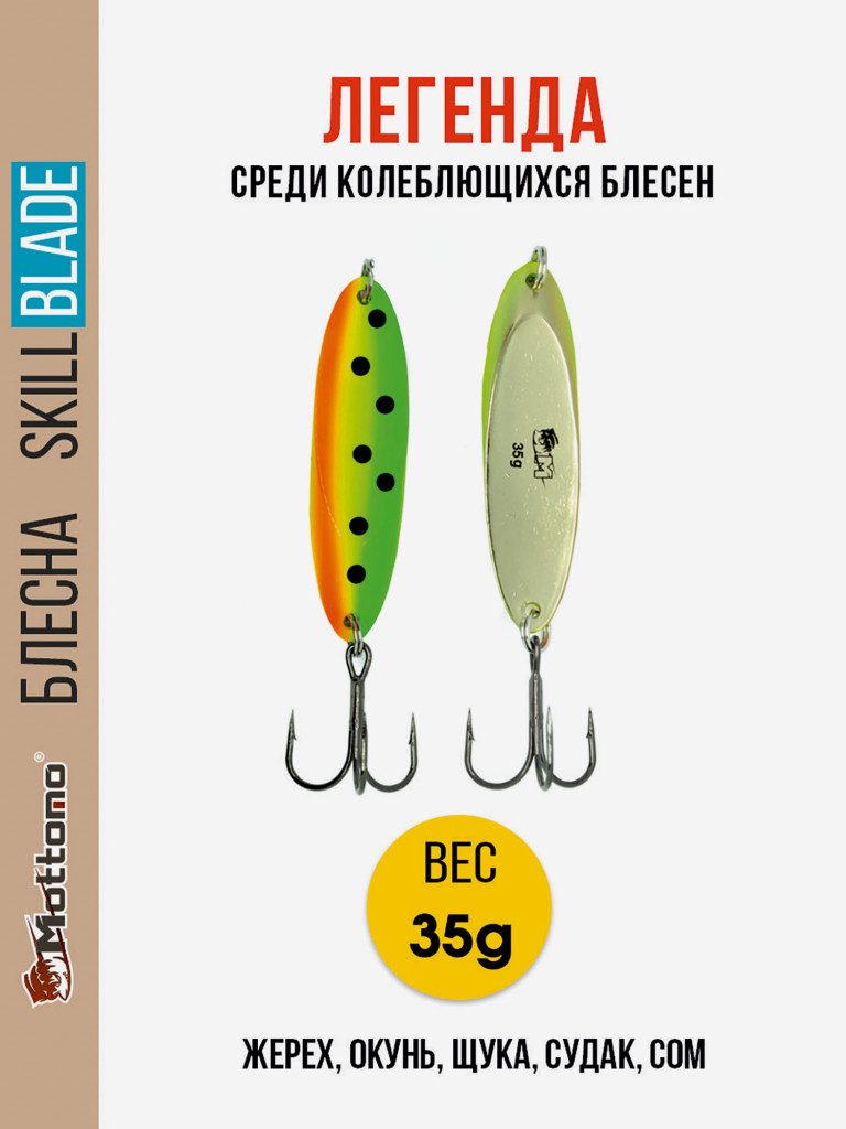 Блесна колеблющаяся для рыбалки Mottomo Skill Blade 35g Fire Tiger. Колебалка на жереха, щуку, окуня, судака, сома