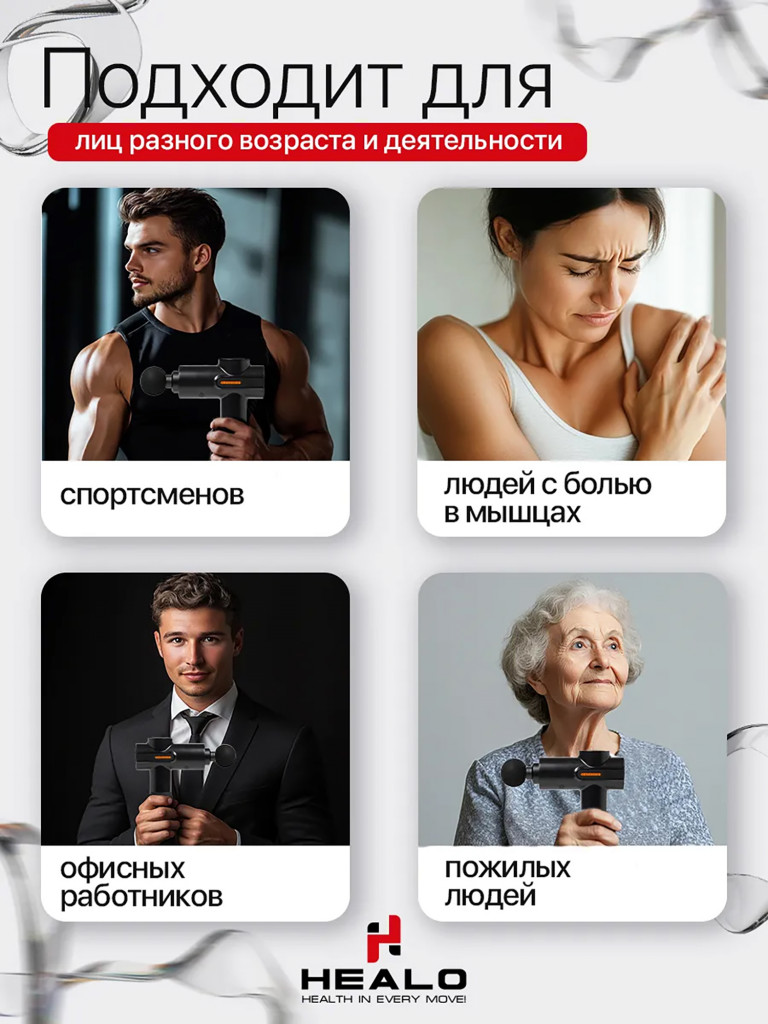 Массажер перкуссионный для тела HEALO,до 3600 ударов в минуту, 4 режима, от 3 до 32 скоростей