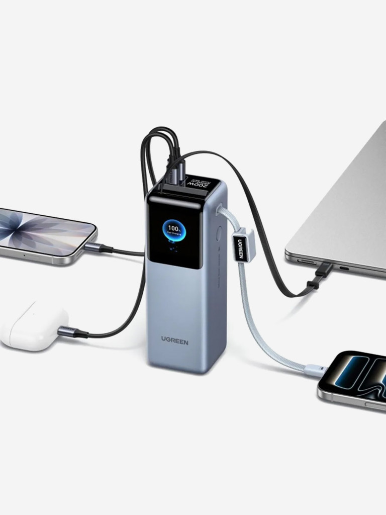 Портативный аккумулятор UGREEN PB728 (75702B) 200W Power Bank 25000mAh с двумя встроенными кабелями USB-C (ССС)