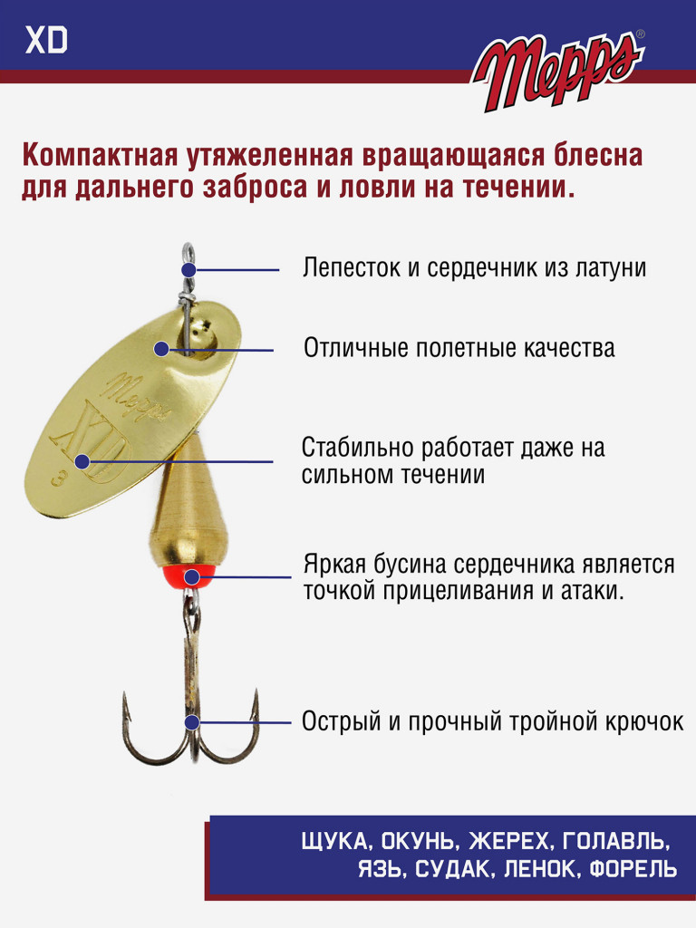 Блесна вращающаяся для рыбалки Mepps XD OR №3 на щуку, окуня