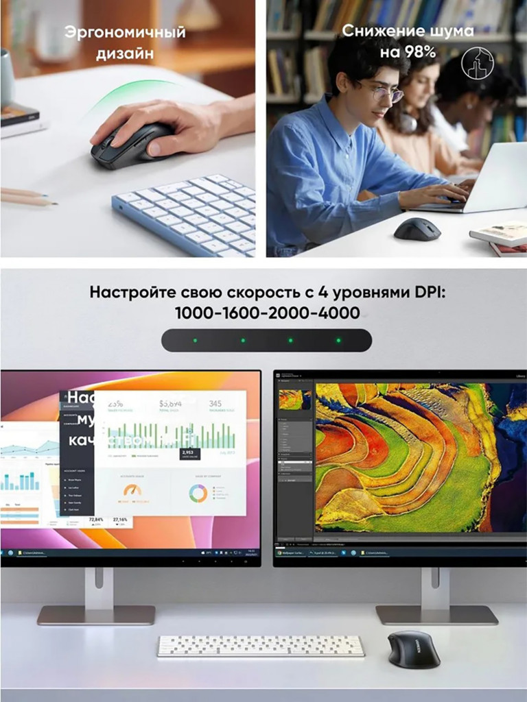 Мышка компьютерная беспроводная UGREEN MU101 (15807) Ergonomic Contoured-Shape Design Wireless Mouse 2.4 GHz/BT