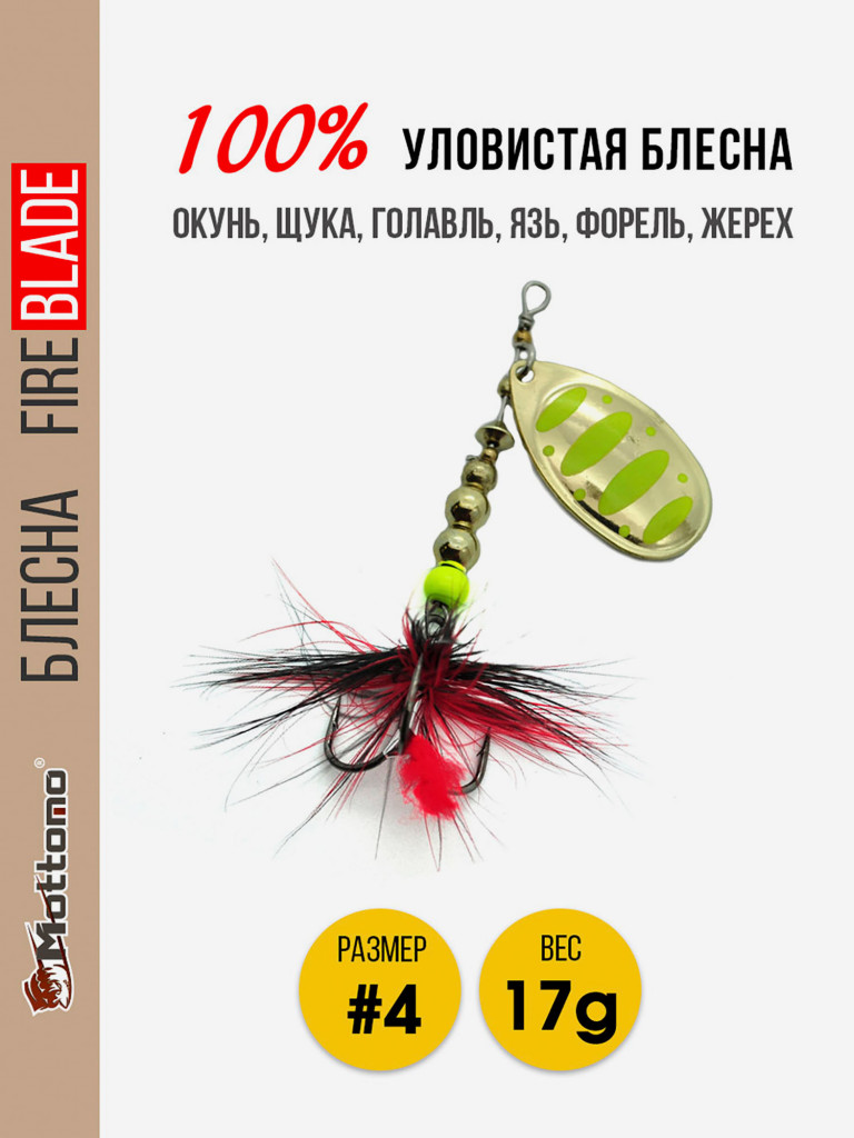 Блесна вращающаяся для рыбалки Mottomo Fire Blade #4 17g Gold 12