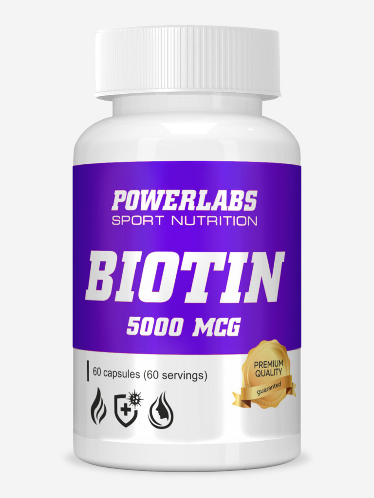 Витамины для волос, Powerlabs, Биотин, 5000 мкг, 60 капсул