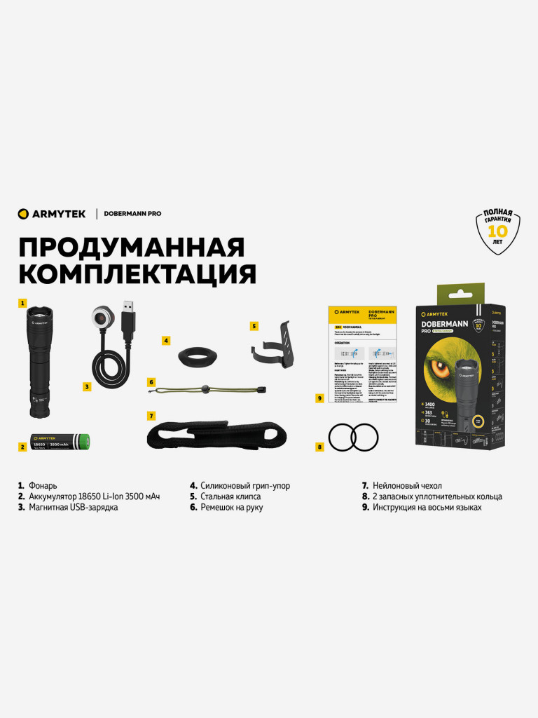 Фонарь ручной Armytek Dobermann Pro Magnet USB, теплый свет