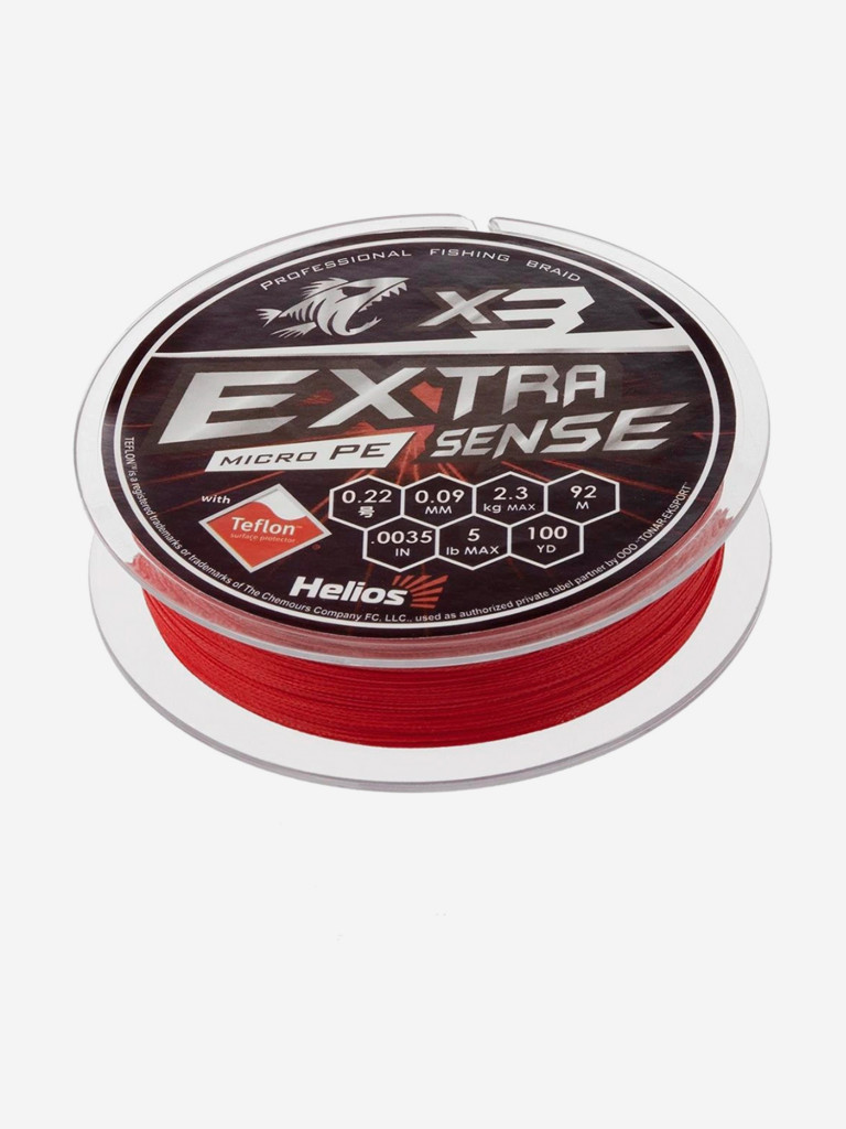 Шнур плетеный для рыбалки Helios Extrasense X3 PE, 92м, 0,09мм, 2,3кг, красный