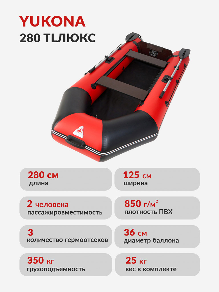 Лодка ПВХ надувная под мотор Yukona 280 TLЛЮКС двухместная для рыбалки с жестким дном. красно-черная