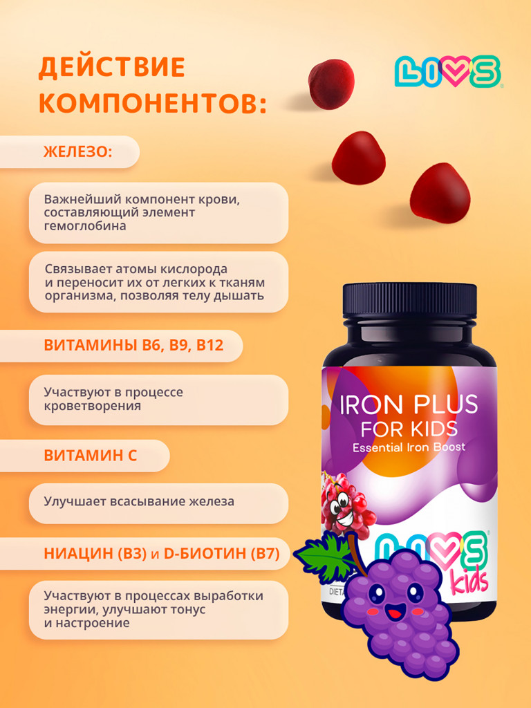 Комплекс мультивитамины железо плюс для детей LIVS, 60 шт.