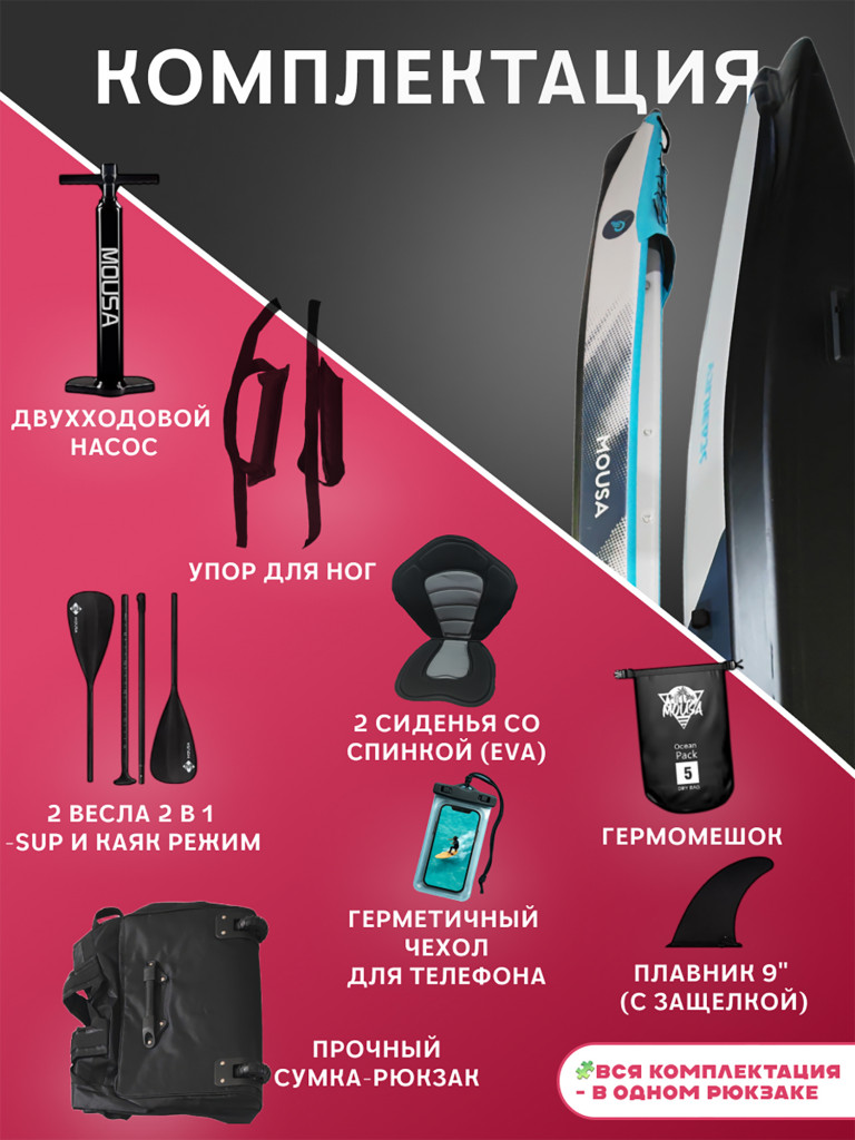 Надувной каяк Mousa Adventure Stability 473х76х37 см, 2-местный, Drop-Stitch дно, до 400 кг