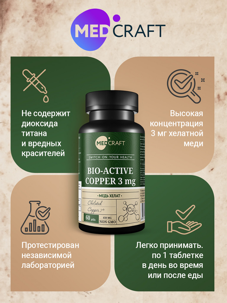 Медь хелат MedCraft, 3 мг, 60 табл.