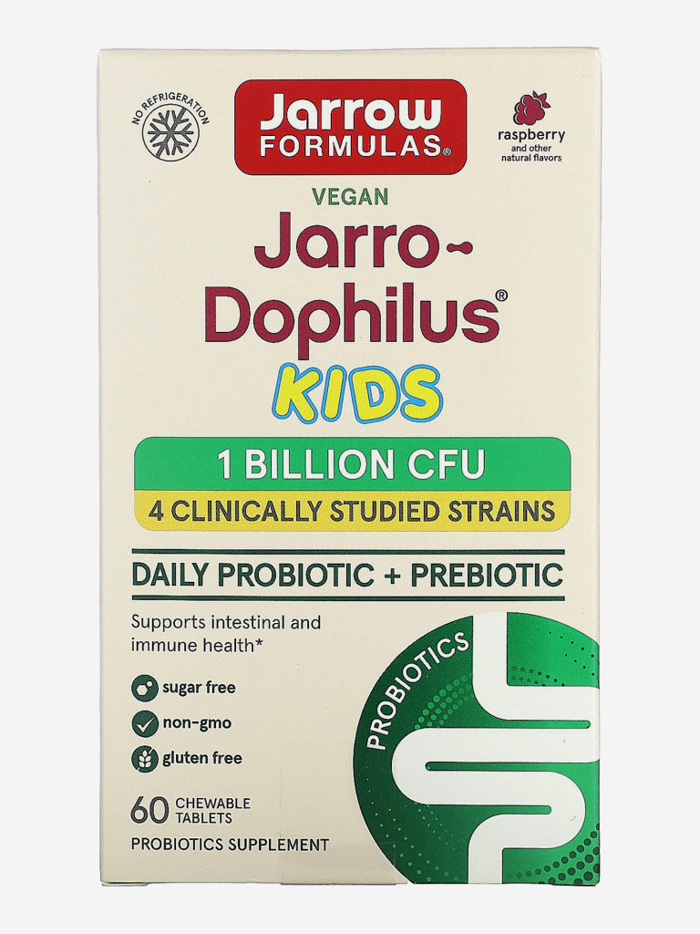 Бад, пробиотик и пребиотик для детей от 4 лет, Jarrow Formulas Jarro-Dophilus Kids 1 billion CFU natural raspberry, 60 chew. tabs