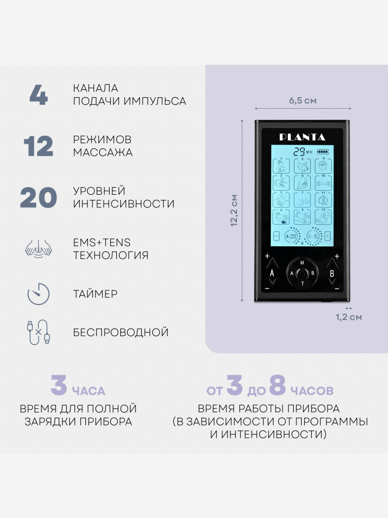 Массажер для тела миостимулятор тренажер мышц EMS+TENS EMS-350, 4 канала, 8 электродов, 12 режимов
