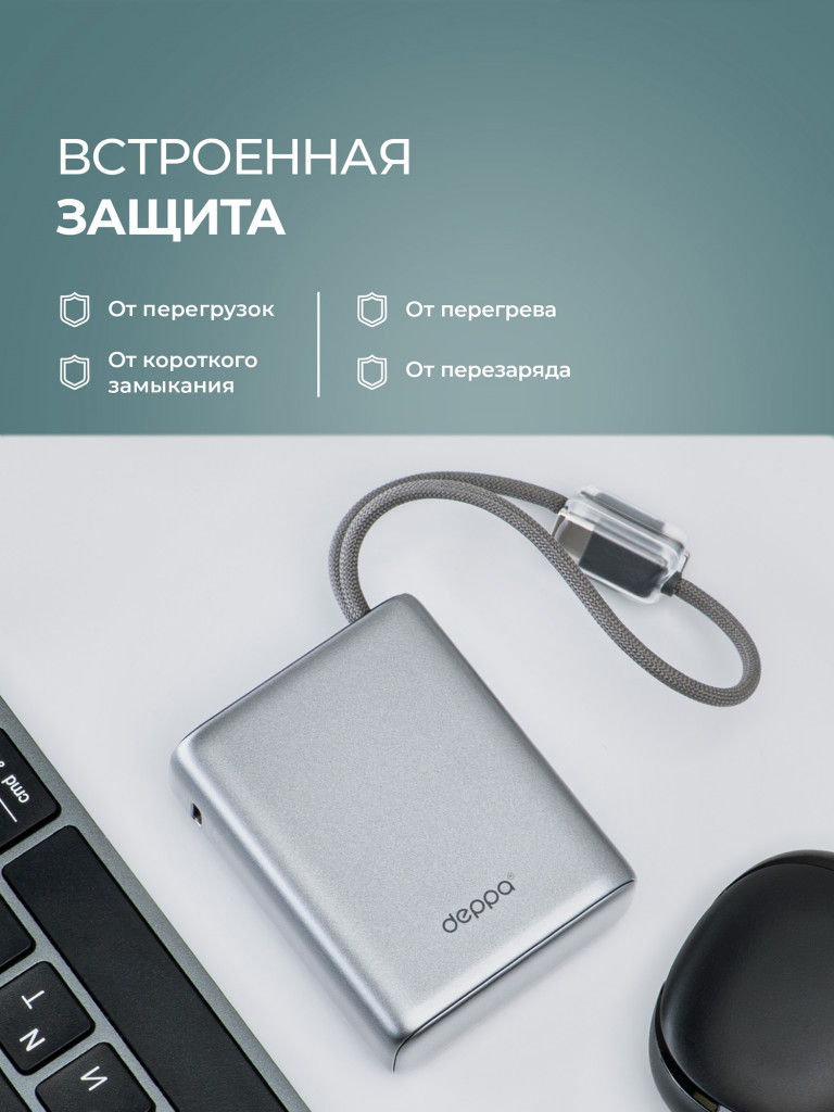 Внешний аккумулятор NRG Turbo 10000 мА-ч (38.5 Вт-ч), 35Вт вых., USB-C / Lightning кабели, цветной дисплей