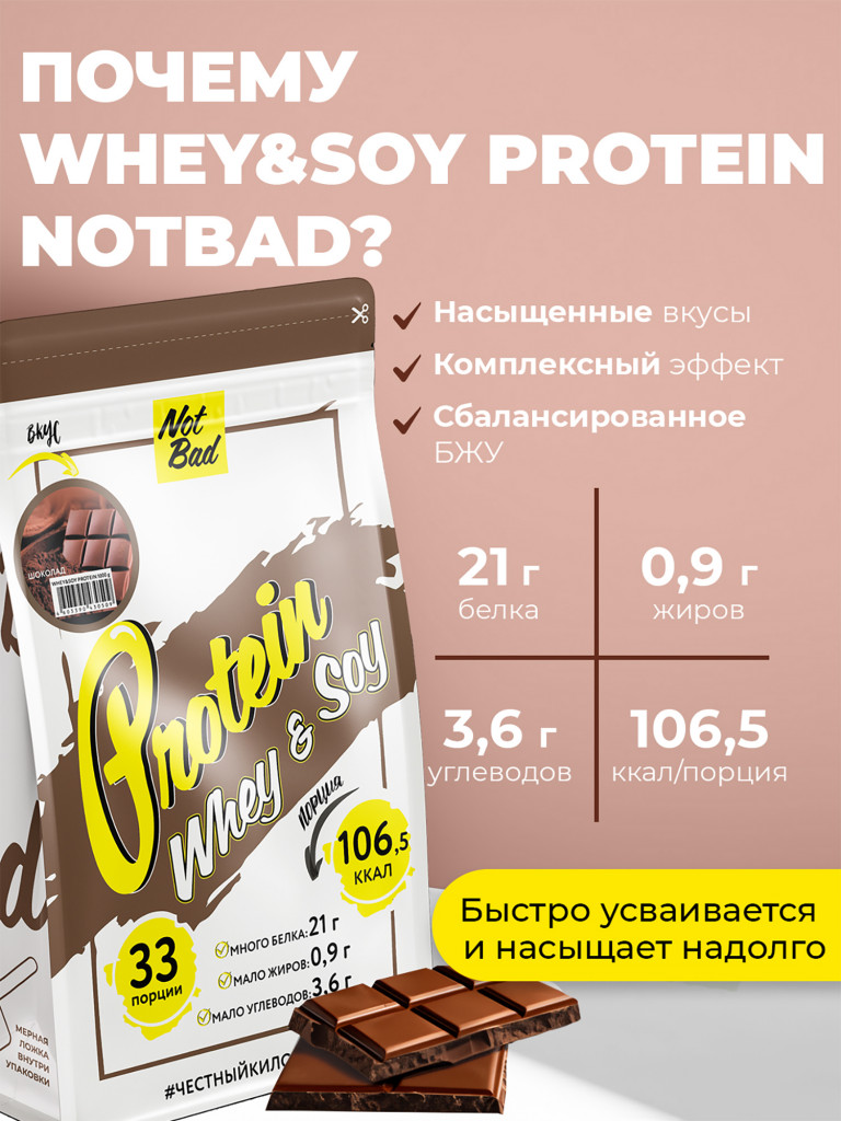 Протеин комплексный с соевым белком, NotBad Whey & Soy, 1000 г, Шоколад