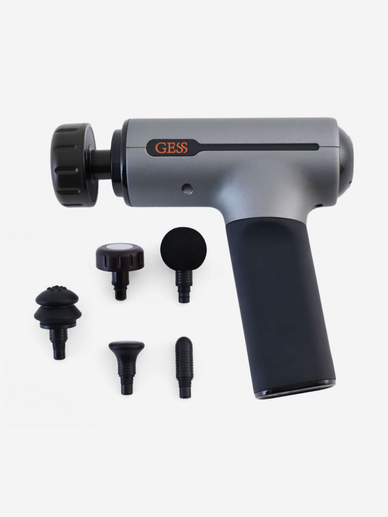 Перкуссионный массажер для тела GESS Revolver Plus, массажный пистолет, ударный, 5 насадок, уникальная насадка с прогревом