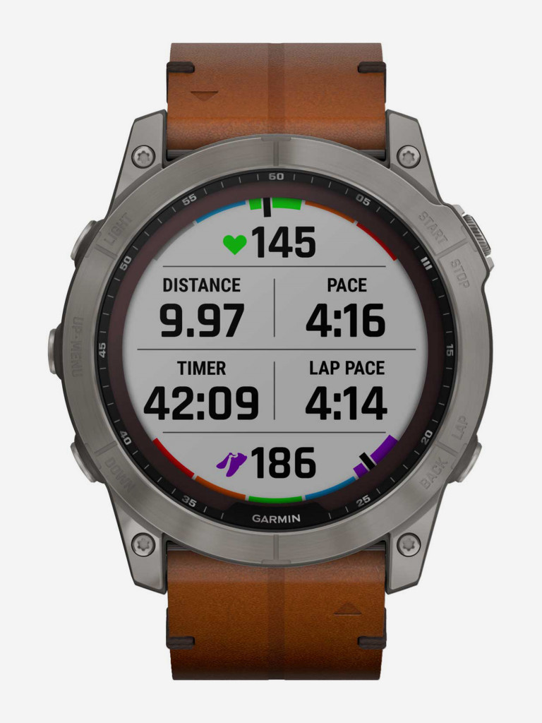 Спортивные титановые наручные часы Garmin Fenix 7X Sapphire Solar с коричневым кожаным ремешком