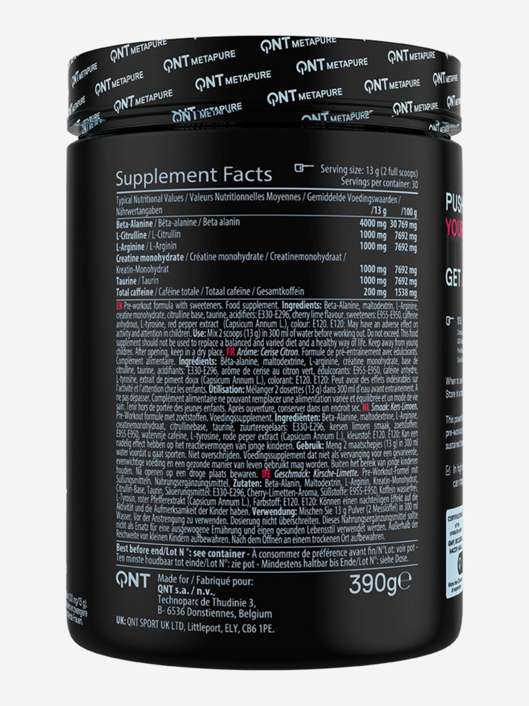 Предтренировочный комплекс, Креатин, Бета Аланин, QNT Metapure Pre-Workout Overdrive 390г, Вишня-Лимон.