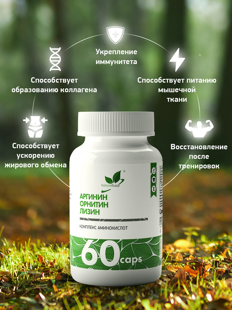Аргинин Орнитин Лизин,NaturalSupp, 60 капсул